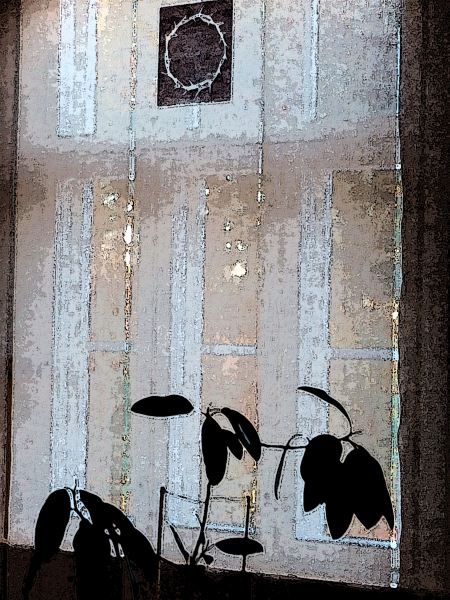 Valonhohdetta luostarin kappelin ikkunaan, jossa kukka edessä